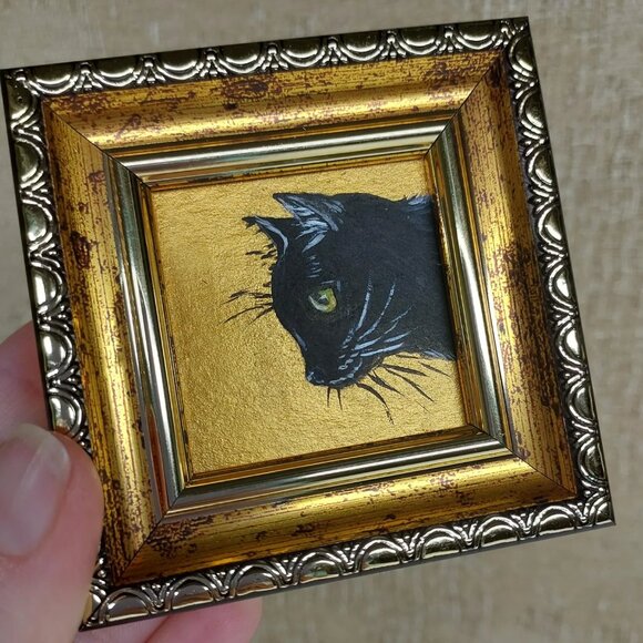 Lot of 3 Framed Original Mini Black Cat Oil Paintings - Picture 4 of 8